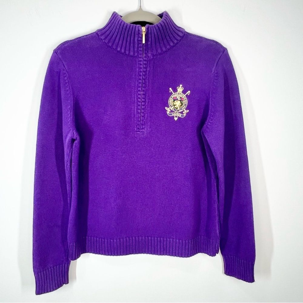 Lauren Ralph Lauren Purple 1/4 Zip Sweater Embroidered Crest Petite Large PL